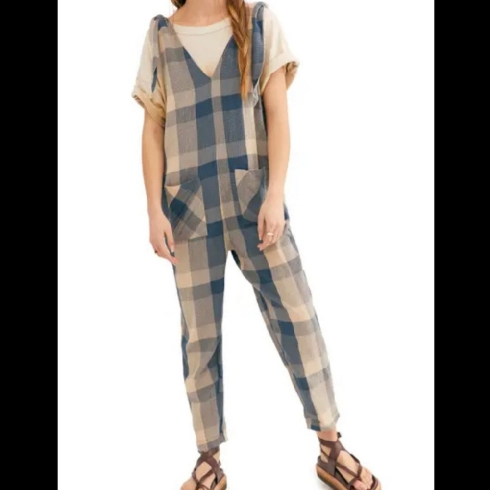 Free People Endless Summer Jumpsuit in blue plaid size Large